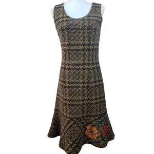 OILILY S Brown Tweed Wool Midi Dress Houndstooth Sleeveless Embroidered Retro